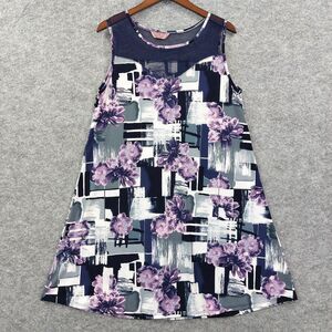 SJS Dress Womens Sz L Purple Floral Geometric Sleeveless A-Line Made USA Summer